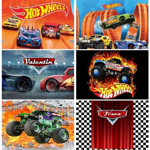 Hot Wheel Truck Race Car Backdrop Kids Birthday Photography Banner Golden Game Race Car Photo Background Polyester Vinyl Props