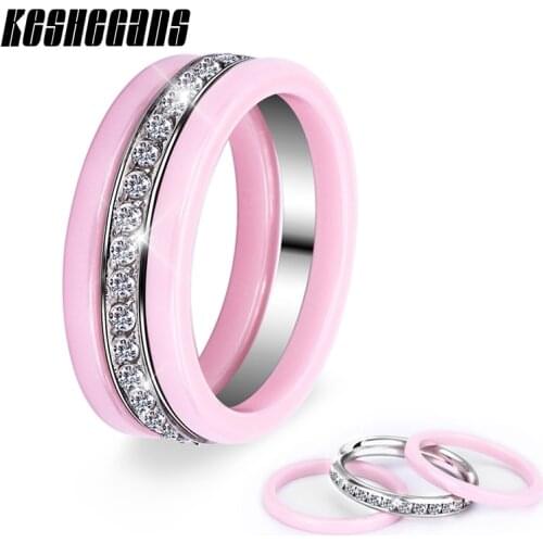 New Arrival Ceramic Stainless Steel 3pcs Combination Ring With Bling Rhinestone Pink Can Be Split For Women Fashion Jewelry Gift
