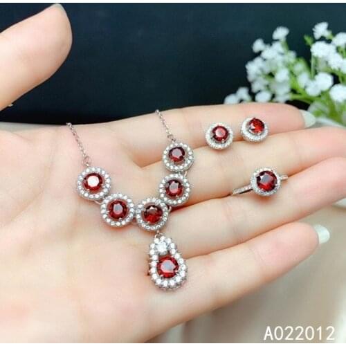 KJJEAXCMY fine jewelry natural garnet 925 sterling silver fashion new girl pendant ring earrings set support test hot selling
