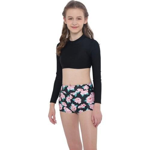 Girls Swim Suit Long Sleeve Cross Back Floral Print Swim Top and Boyshorts Set Children Summer Beach Suit Swimming 2Pcs Outfits