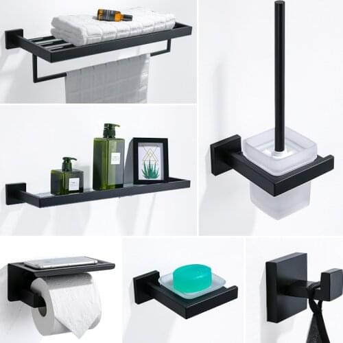 Metal 304 Stainless Steel Bathroom Accessories Set Black Robe Hook Towel Bar Tissue Paper Holder Ceramic Toothbrush Holder