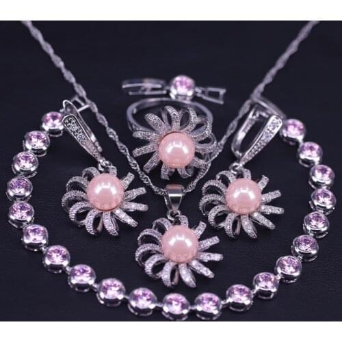 Lace Flower Pink Pearl silver color Jewelry Set For Women Earrings Ring Necklace Bracelet Set Summer wild jewelry Set