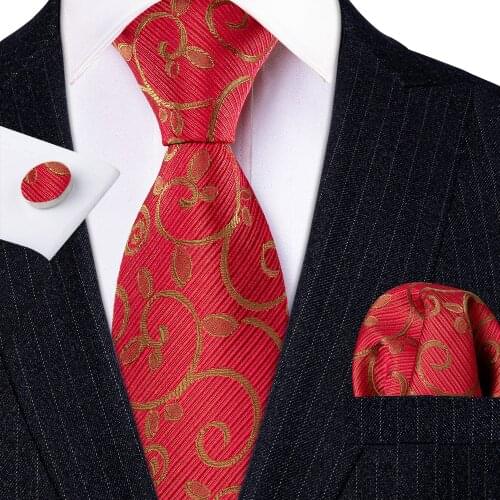 New Fashion Wine red Gold Paisley 100% Silk Neckties for Men Jacquard Party Wedding Handkerchief Cufflink Tie Set Barry.Wang
