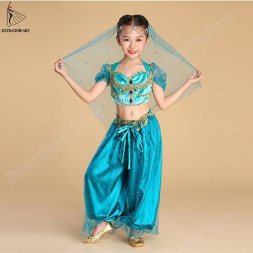 New Children Halloween Jasmine Princess Costumes Belly Dance Veil Top Pant 4 Pieces Set Kids Bollywood Clothes