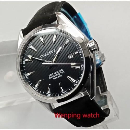 Polished 41mm mens wrist watch black dial silver marks date sapphire glass 5ATM Automatic watch Men W2749