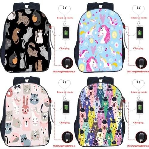 Students Cute Cartoon School Bags Cat Bear Lion Unicorn Dinosaur Owl Animal USB Backpack Kids Rucksack Boys Girls Travel Bagpack