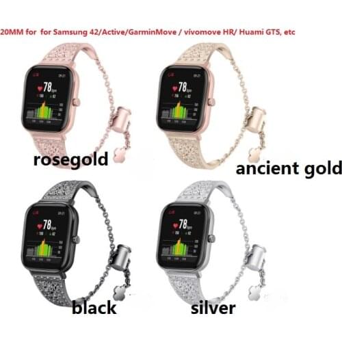 20MM Fashion Replacement Metal Crystal Watch Strap Adjustable Watch Band for 42/Active/GarminMove / vívomove HR/ Huami GTS