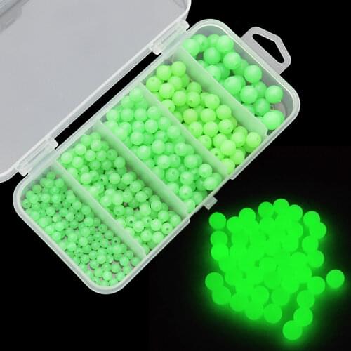 Luminous Fishing Beads 375pcs Soft Rubber/Hard Plastic Glow Fluorescent Green Fishing Beads Diameter 4mm 5mm 6mm 7mm 8mm