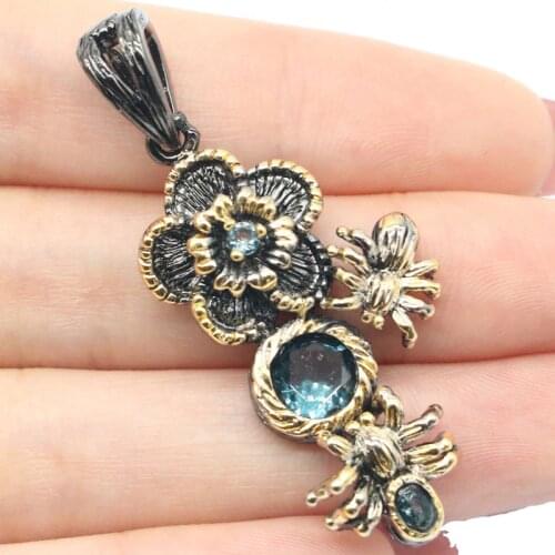 32x19mm Created 12.8g Paris Blue Topaz Vintage Black Gold Color Gothic Unique Jewelry Dropship