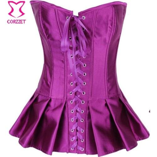 Gothic Purple Satin Front Lace Up Overbust Sexy Corset Dress Gothique Pleated Mini Skirt Corselet Korsett For Women Bustier Top