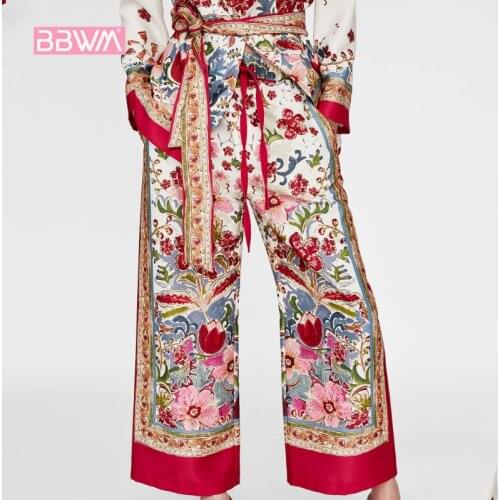 Womens 2018 summer new fashion positioning printing wide leg pants loose bandwidth casual female pants