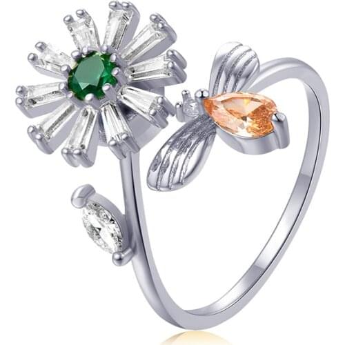 New Arrival Fashion Lil Bee Daisy Opening Ring for Women Wedding Party Cubic Zirconia Adjustable Fidget Peace Ring Jewelry