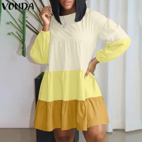 Women Spring Mini Dress 2021 VONDA Vintage Long Sleeve Ruffled Dresses Bohemian Sundress Solid Color Party Vestido Femme Robe