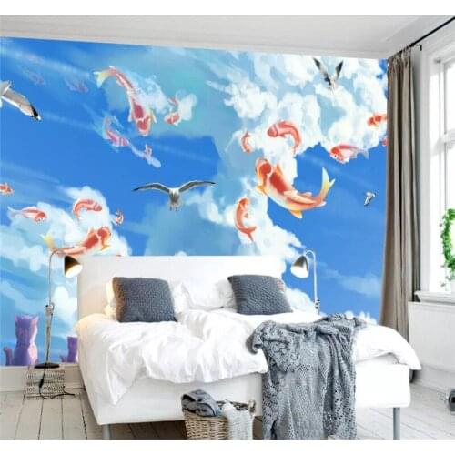 Custom 3d wallpaper hand-painted blue sky and white koi carp with cat background wall decoration silk waterproof material