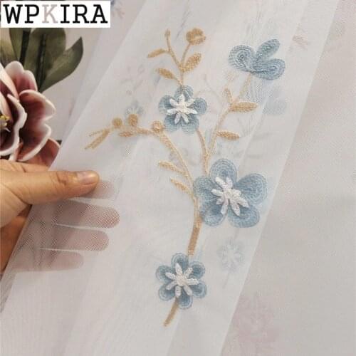 Blue Flower Embroidered White Mesh Curtain for Living Room Modern Sheer Voile Curtains For Bedroom Window Curtains S095&C