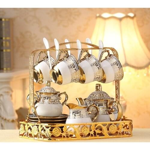 European Ceramic Tea Cup And Saucer Set Chinese Ivory Gold bone china Coffee Cups Set Pot Creamer Sugar Bowl Teatime Teapot Mug