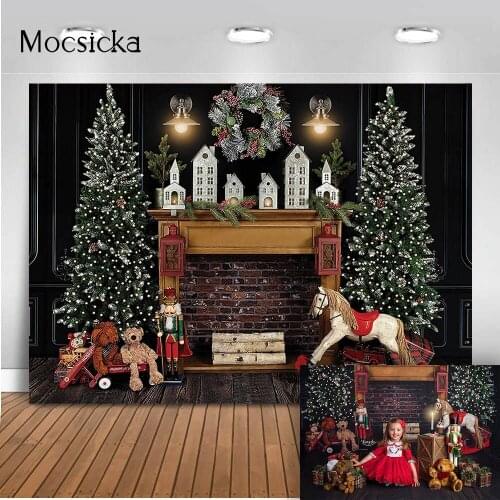 Rustic Christmas fireplace backdrop for photography Christmas tree brick wall Trojan Horse toy X-mas decoration Photocall prop