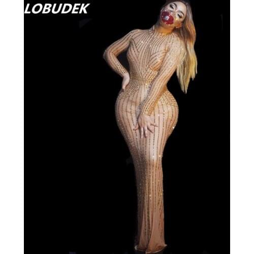 Shiny Gold Silver Rhinestones Stripe Mesh Long Dress Lady Birthday Celebrate Prom Evening Transparent Dresses Singer Host Outfit