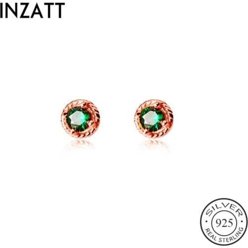 INZATT Real 925 Sterling Silver Green Zircon Round Stud Earrings For Fashion Women Party OL Fine Jewelry Minimalist Accessories