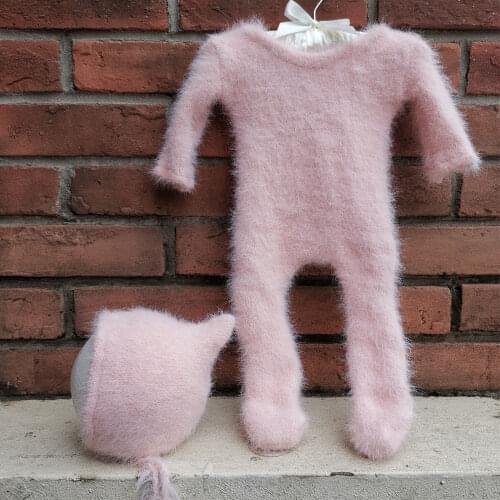 Photoshoot Set Stretch Hand Knitted Baby Mink Fur Jumpsuits Infant Coveralls with Hat for Newborn Infant Photography Accessories