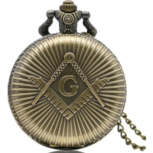 Freemasonry Masonic Design Antique Bronze Quartz Fob Clock Pendant Pocket Watch With Chain Necklace Drop Shipping