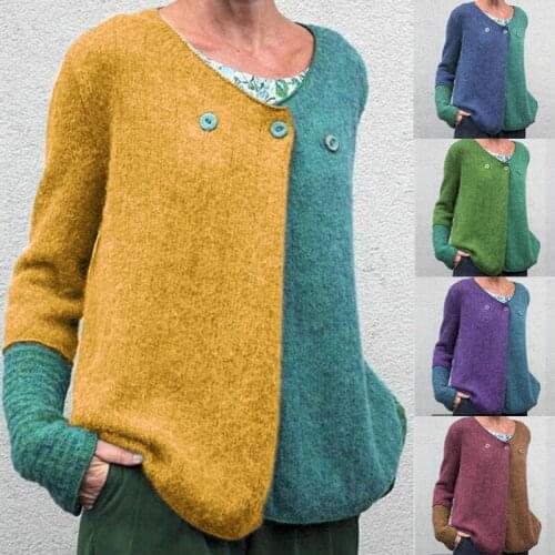 Fashion Women Sweaters Spliced Womens Casual Sweaters Long Sleeve O-Neck With Buttons Knitwear Pullovers Tops Plus Size 5XL