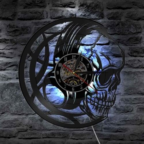 Skull Head Headphones Wall Art Clock Black Skull Head Wall Clock Halloween Horror Living Room Decor LED Night Light Gift for Men