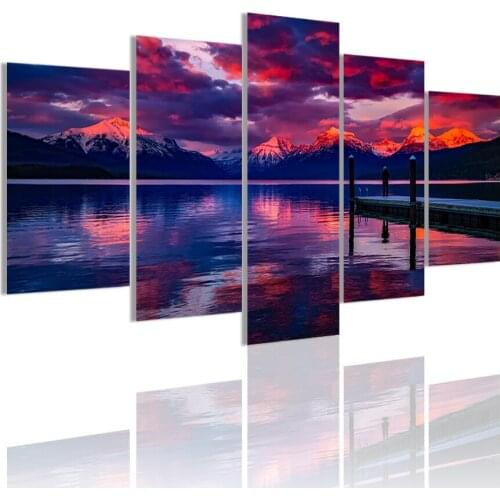Dock Cloudy Sky Mountain Landscape Natural 5 Panels Canvas Painting Poster Wall Art Print Picture Living Room Home Decor Frame
