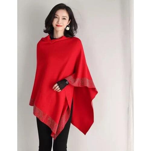 2021 Spring Autumn New Diamond High Quality Soild Knitted Retro Cape Coat Loose Bat Sleeve Sweater Temperament Women Poncho