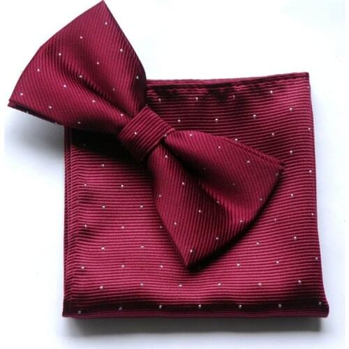 NEW Best Selling Mens Wine Red Fashion Bowtie Hanky Set Groom Gentleman Dots Cravat Pocket SquareTowel