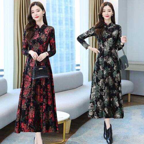 2021 Autumn Winter Vintage Plus Velvet Warm Vestido 4XL Plus Size Women Maxi Dress Party Chic Chinese Style Cheongsam Midi Dress