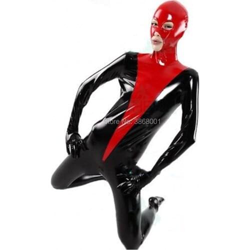 Adult Sexy Full Body Stitching color PVC Zentai Suit Open Eyes Mouth Fancy Dress Zentai Bodysuit removable hood Custom Made