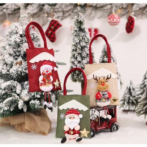 Merry Christmas Linen Bags Santa Claus Deer Gift Bag Christmas Tree Pendant Snacks Storage Holder New Year Decor
