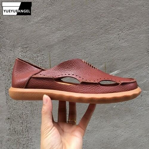 2021 Summer New Mens Korean Style Hollow Out Fashion Sandals Concise Casual Solid Vintage Slip-On Outdoor Male Leather Shoe