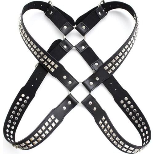 Sexy Men faux leather harness belt Punk gothic rivet body bondage cage pin buckled punk back crossed chest belt for gays male