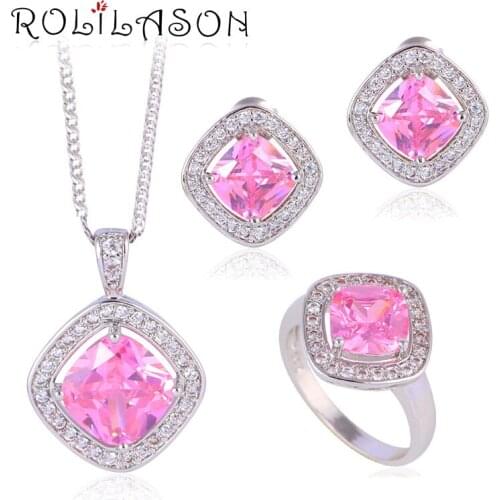 Silver Stamped Earring Necklace Fashion Jewelry Sets Ring Pink Crystal zirconia Sz #5.5 #7 #8 #8.5 #9 #9.5 JS634