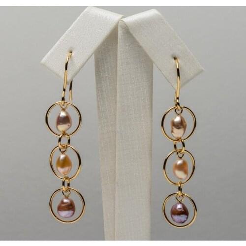 5-6mm Orange Purple Keshi Pearl Triple Drop Earrings Dangle 925 Sterling Silver