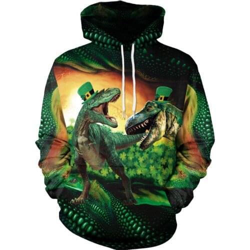 St. Patrick Day Shamrock 3D Funny Print Dinosaur Playing Hoodie Jacket Spring Men/women Hiphop Cool Sweatshirt Tracksuit Clothes
