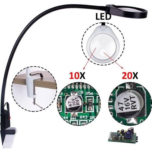 10x 20x Optical Glass Lens LED Illuminating Magnifier Desk Clip-on Magnifying Glass Lamp for PCB Inspection, Beauty, Dentistry
