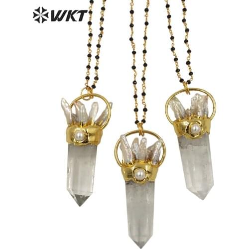 WT-N1265 Fashion High Quality Natural Clear Stone Necklace With Gold Plated Trendy Crystal Quartz With Pearl Top Rosary Chain