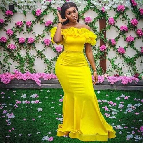 YiMinpwp Yellow Mermaid Prom Dresses Off Shoulder Sweep Train Ruched Long Women Formal Evening Party Gowns vestidos Cheap