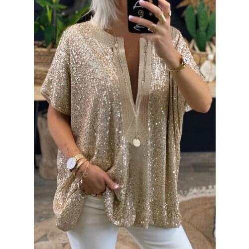 New Loose T Shirt Woman Summer Clothes Sequins V Neck Short Sleeve Casual Shirt Gold And Silver Sequins Fashion Sequined Top