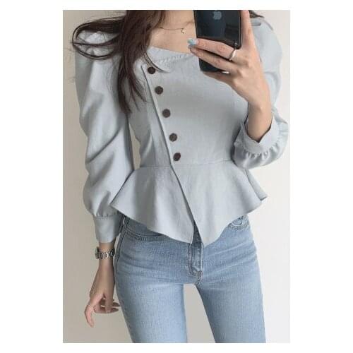 Korean Chic Women blouse Single breasted High-waisted Ruffle Tops Puff sleeve Office lady shirt