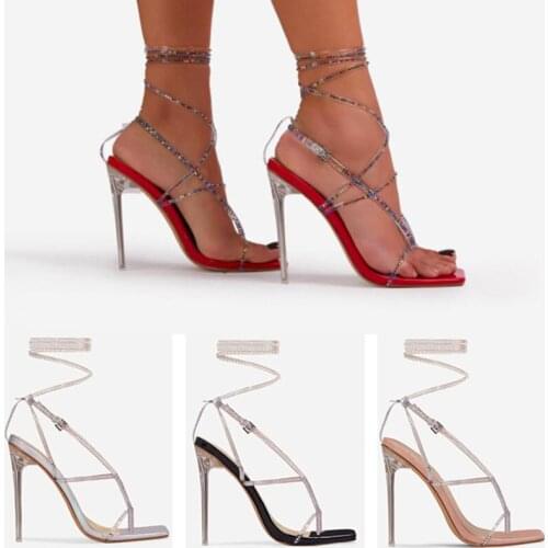 New 2021 Summer New Gladiator Women Sandals Fashion Ankle Strap Crystal Lace-Up Open Toe High Heels Party Dress Shoes 35-42