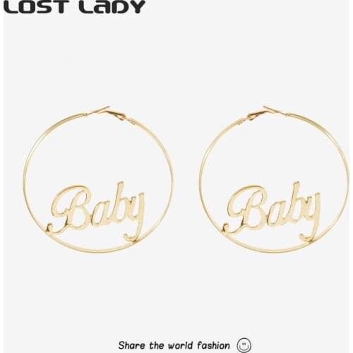 Lost Lady Hollow Letters Baby Large Hoop Earrings Trendy Gold Color Punk Round Metal Earrings for Women Wedding Party Jewelry