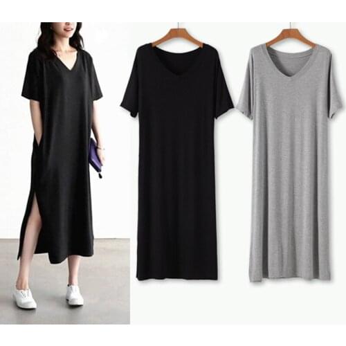 2021 NEW Casual Soft Modal Sexy V-neck Women Summer Dress Casual Short Sleeve Cotton Split Out Long Dresses With Pockets