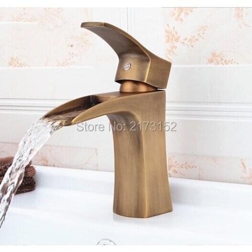 Free Shipping Single Handle Single Hole Antique Brass Bathroom Faucet Square Waterfall Brass Basin Sink Mixer Tap A-043