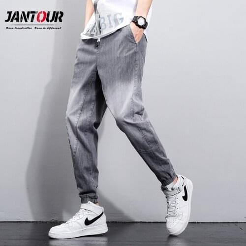 Summer Mens Pants Loose Classic Casual imitate Jeans Man Slim Beam foot Thin printing Text Drawstring Jogging Trousers Male