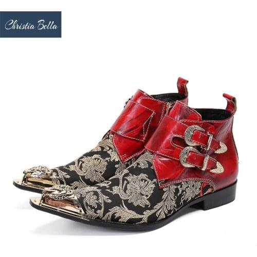 Christia Bella Fashion Palace Floral Party Men Ankle Boots Male Pointed Toe Buckle Real Leather Short Boots Prom Men Dress Shoes