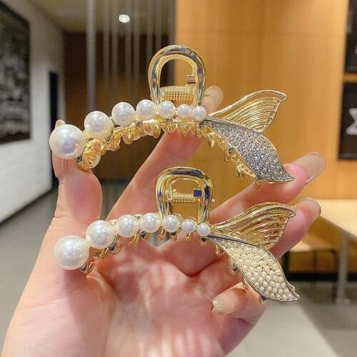 Fish Tail Pearl Rhinestone Hair Claw Clips Women Metal Girls Hairpin Ponytail Holder Barrettes Elegant Headwear Accessories